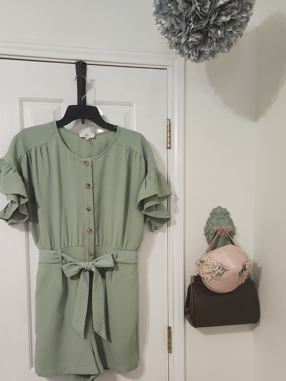 BOUTIQUE FIND! Sage Green Waffle-Knit Button Front Shorts Romper